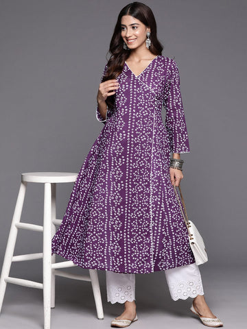 Purple V-Neck Bandhani Print With Piping Detail, Angrakha Style Anarkali Kurta